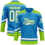 Personalized Hockey Jersey in Blue and White with Neon Green Laces Personalized Blue White-Neon Green Hockey Lace Neck Jersey