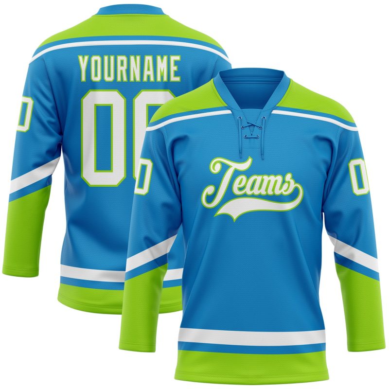 Personalized Hockey Jersey in Blue and White with Neon Green Laces Personalized Blue White-Neon Green Hockey Lace Neck Jersey