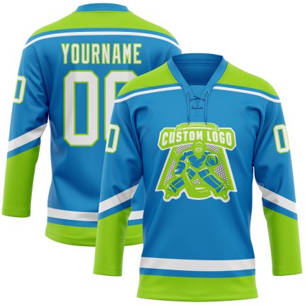 Personalized Hockey Jersey in Blue and White with Neon Green Laces Personalized Blue White-Neon Green Hockey Lace Neck Jersey