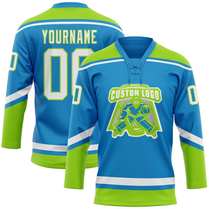 Personalized Hockey Jersey in Blue and White with Neon Green Laces Personalized Blue White-Neon Green Hockey Lace Neck Jersey