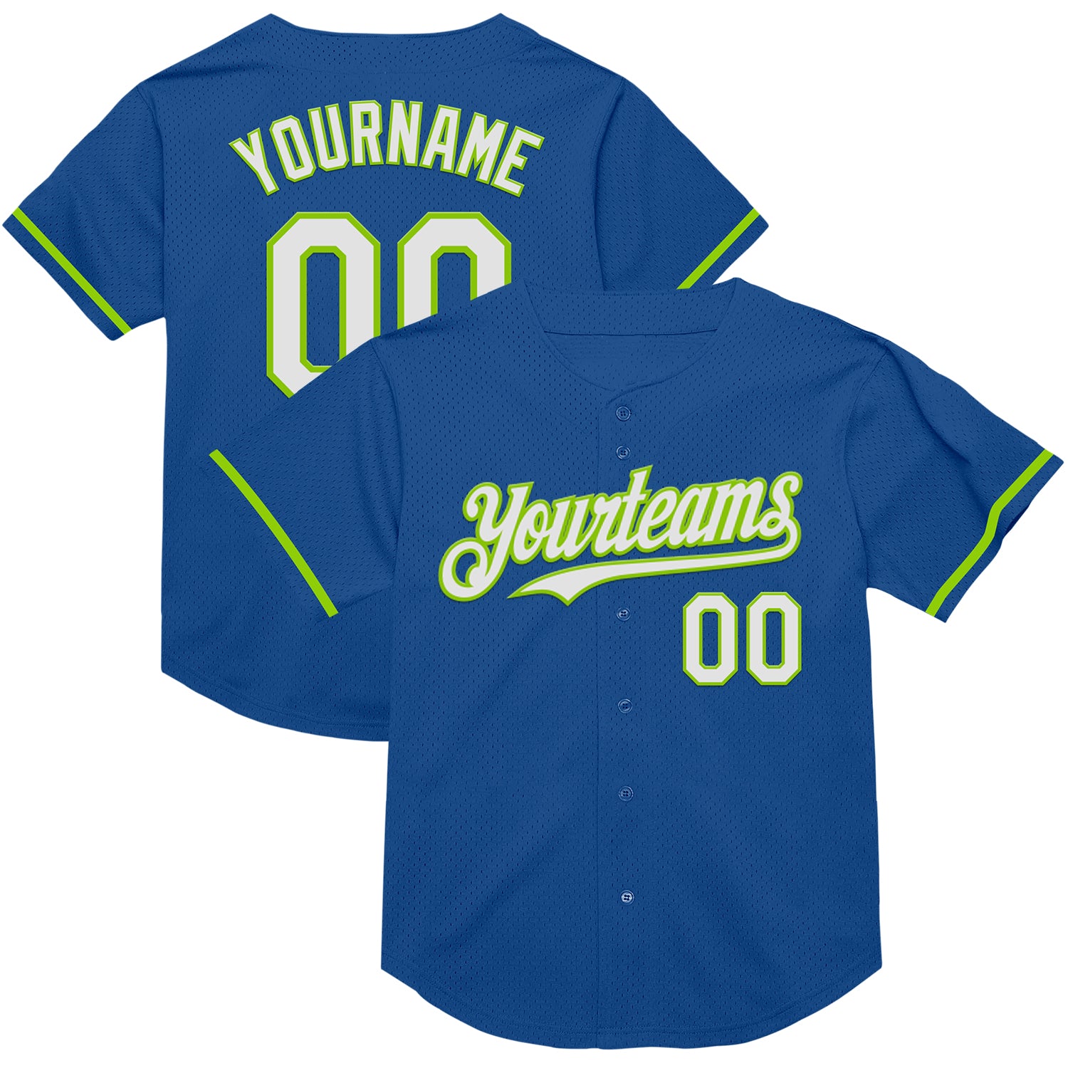 Custom Name and Number Personalized Authentic Baseball Jersey in Blue White Neon Green Mesh Personalized Blue White-Neon