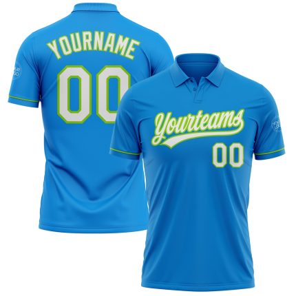 Personalized Blue White Neon Green Golf Polo Shirt for Performance Wear Personalized Blue White-Neon Green Performance Vapor