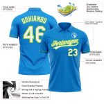 Custom Team Name and Number Performance Vapor Golf Polo Shirt - Personalized Blue White Neon Green Personalized Blue White-Neon