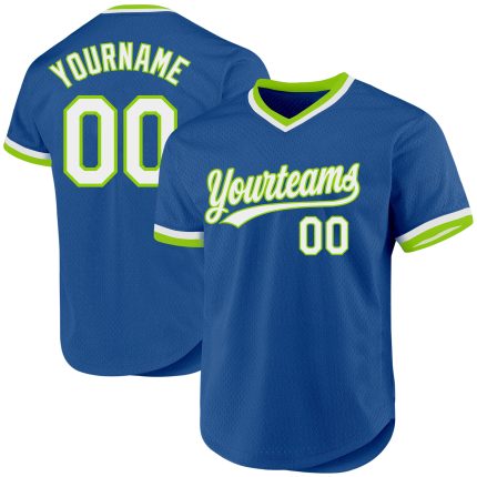 Personalized Throwback Baseball Jersey in Blue White Neon Green Personalized Blue White-Neon Green Throwback Baseball Jersey