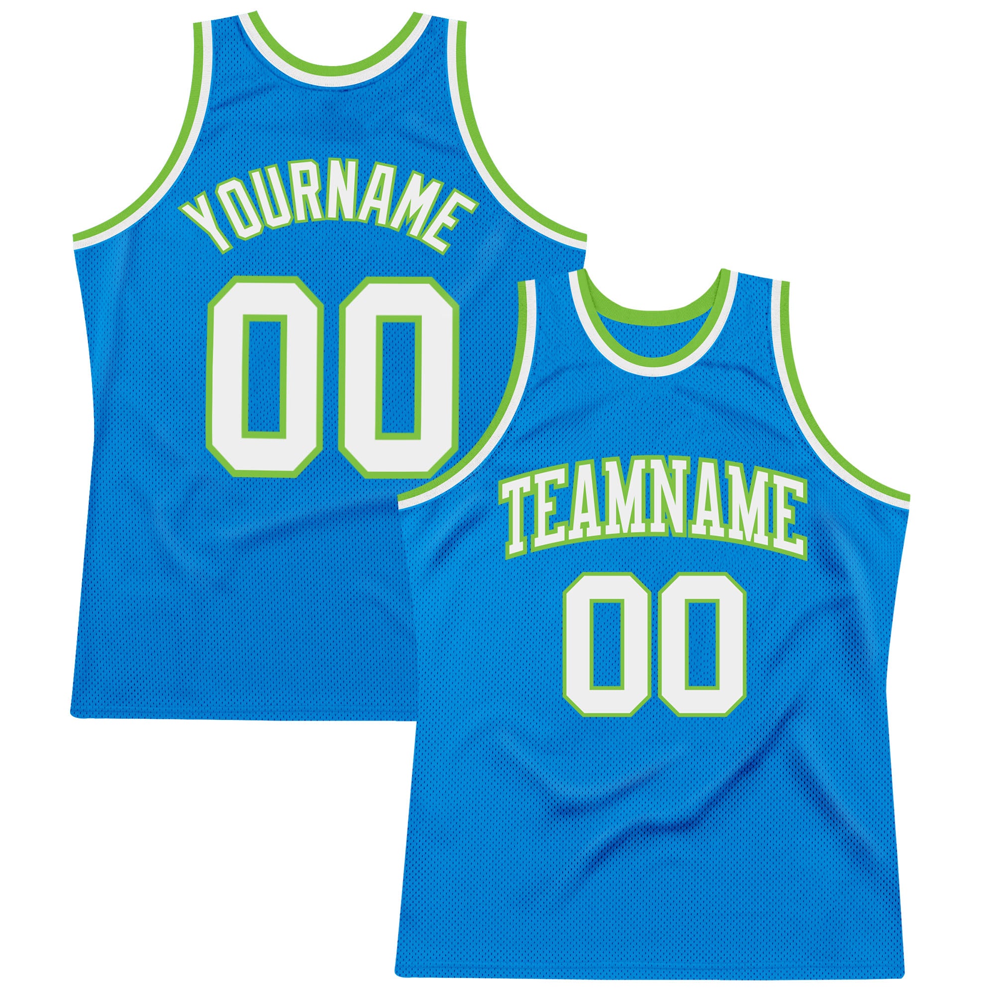 Personalized Basketball Jersey in Blue White Neon Green - Retro Throwback Design Personalized Blue White-Neon Green Throwback