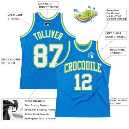 Personalized Basketball Jersey in Blue White Neon Green - Retro Throwback Design Personalized Blue White-Neon Green Throwback