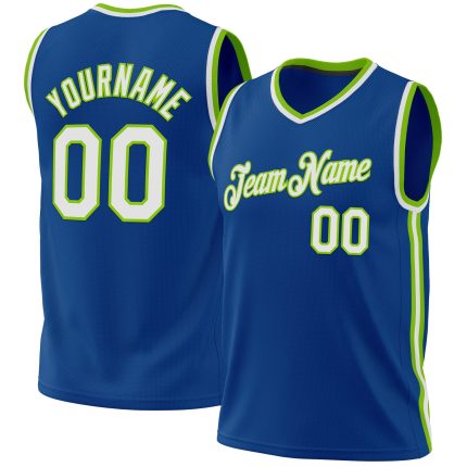 Personalized Throwback Basketball Jersey - Blue White Neon Green, Size 3 Personalized Blue White-Neon Green Throwback Basketball