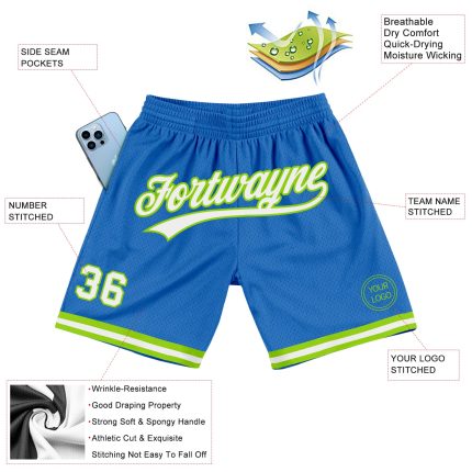 Personalized Neon Green Blue White Throwback Basketball Shorts for Men Personalized Blue White-Neon Green Throwback Basketball