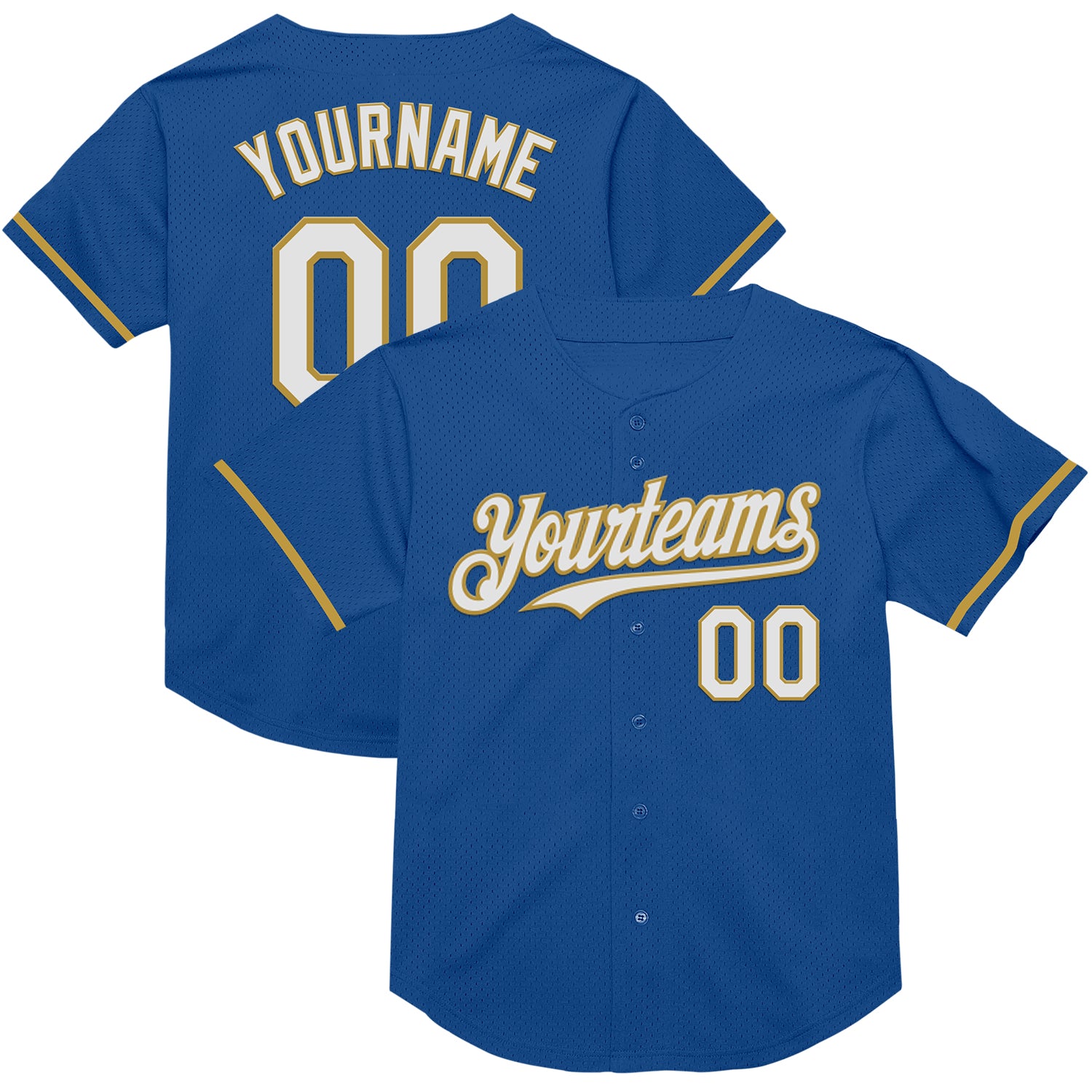Custom Throwback Baseball Jersey - Personalized Blue White-Old Gold Mesh with Name & Number Personalized Blue White-Old Gold
