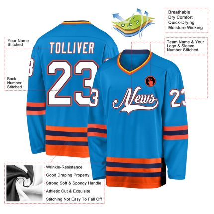 Personalized Blue Orange White Hockey Jersey for Fans and Players Personalized Blue White-Orange Hockey Jersey
