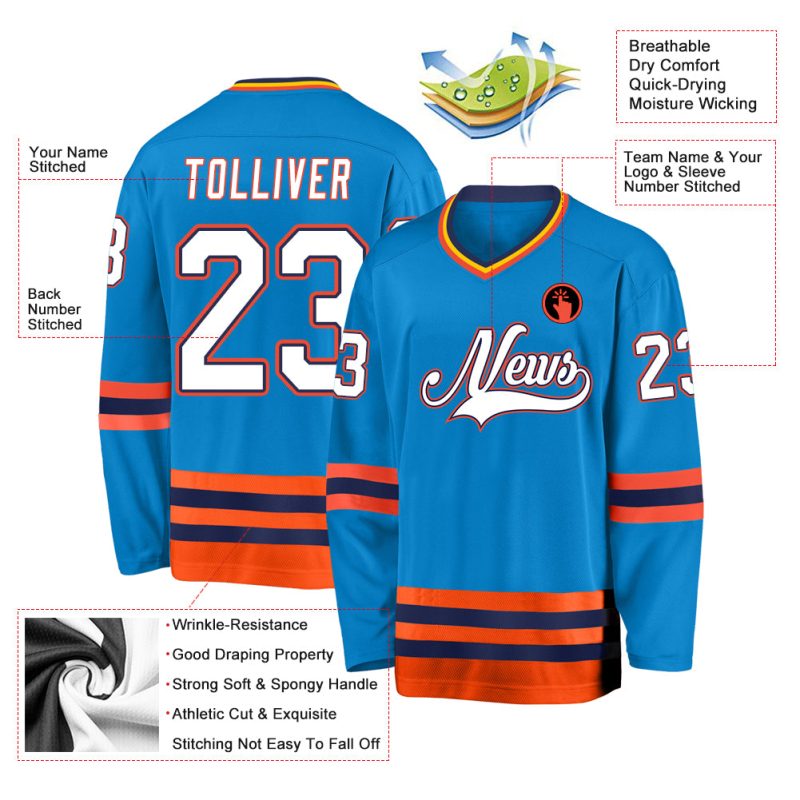 Personalized Blue Orange White Hockey Jersey for Fans and Players Personalized Blue White-Orange Hockey Jersey