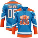 Personalized Blue White Orange Hockey Jersey with Lace Neck Design Personalized Blue White-Orange Hockey Lace Neck Jersey