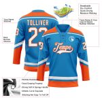 Personalized Blue White Orange Hockey Jersey with Lace Neck Design Personalized Blue White-Orange Hockey Lace Neck Jersey