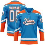 Personalized Blue White Orange Hockey Jersey with Lace Neck Design Personalized Blue White-Orange Hockey Lace Neck Jersey