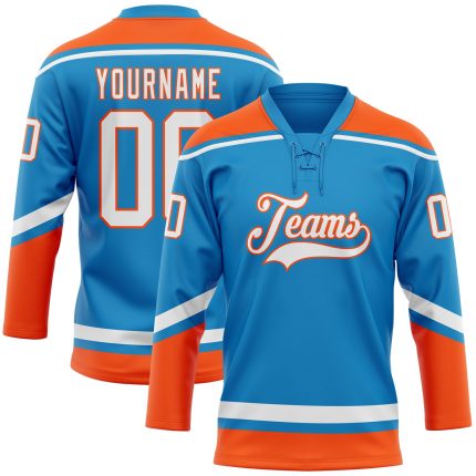 Personalized Blue White Orange Hockey Jersey with Lace Neck Design Personalized Blue White-Orange Hockey Lace Neck Jersey