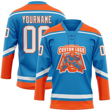 Custom Name Number Personalized Hockey Jersey Blue White Orange Lace Neck Team Personalized Blue White-Orange Hockey Lace