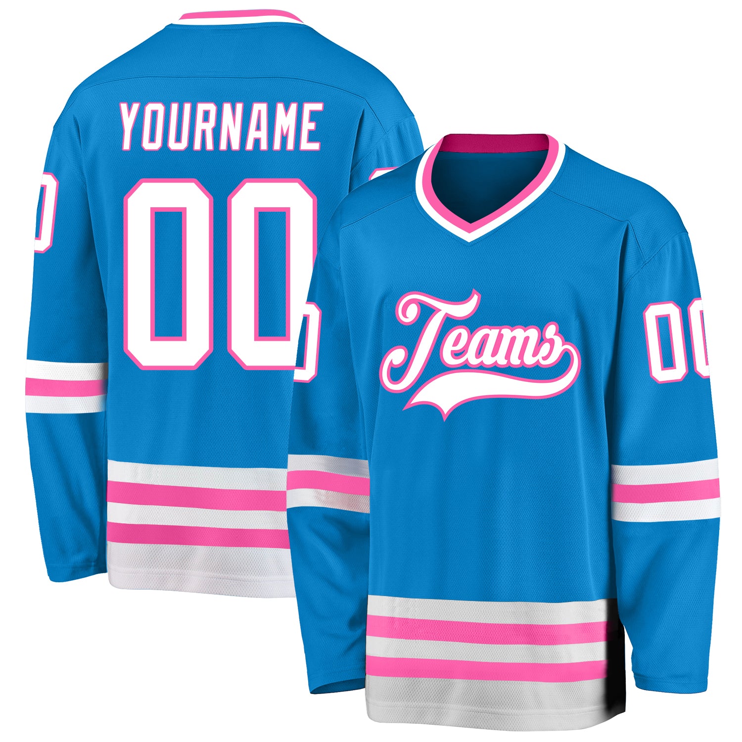 Custom Hockey Jersey with Personalized Name and Number in Blue, White, and Pink Personalized Blue White-Pink Hockey Jersey