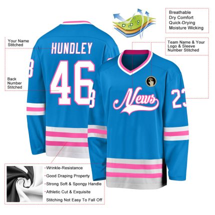 Custom Hockey Jersey with Personalized Name and Number in Blue, White, and Pink Personalized Blue White-Pink Hockey Jersey