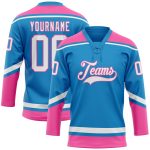 Personalized Hockey Jersey with Blue White and Pink Lace Neck Design Personalized Blue White-Pink Hockey Lace Neck Jersey