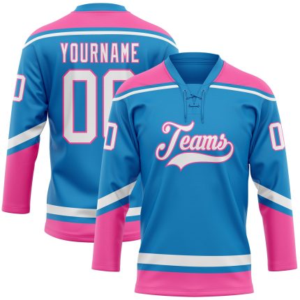 Personalized Hockey Jersey with Blue White and Pink Lace Neck Design Personalized Blue White-Pink Hockey Lace Neck Jersey