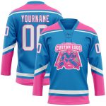 Personalized Hockey Jersey with Blue White and Pink Lace Neck Design Personalized Blue White-Pink Hockey Lace Neck Jersey