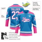 Personalized Hockey Jersey with Blue White and Pink Lace Neck Design Personalized Blue White-Pink Hockey Lace Neck Jersey