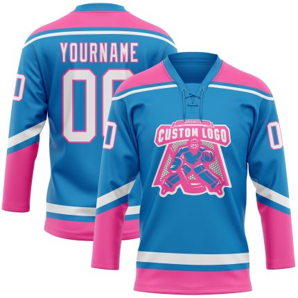 Custom Name and Number Personalized Hockey Jersey in Blue White-Pink Lace Neck Design Personalized Blue White-Pink Hockey
