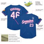 Personalized Blue Pink Throwback Baseball Jersey - Mesh Design Personalized Blue White-Pink Mesh Throwback Baseball Jersey