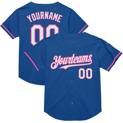 Personalized Blue Pink Throwback Baseball Jersey - Mesh Design Personalized Blue White-Pink Mesh Throwback Baseball Jersey