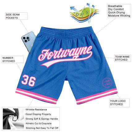 Custom Personalized Basketball Shorts - Blue & Pink Throwback Style Personalized Blue White-Pink Throwback Basketball Shorts