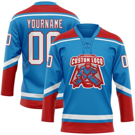 Personalized Hockey Jersey with Blue, White, and Red Lace Neck Design Personalized Blue White-Red Hockey Lace Neck Jersey