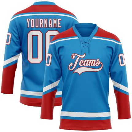 Personalized Hockey Jersey with Blue, White, and Red Lace Neck Design Personalized Blue White-Red Hockey Lace Neck Jersey
