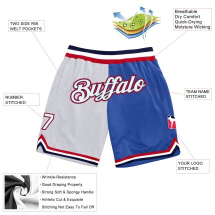 Personalized Blue Red White Fashion Basketball Shorts - Throwback Split Design Personalized Blue White-Red Throwback Split