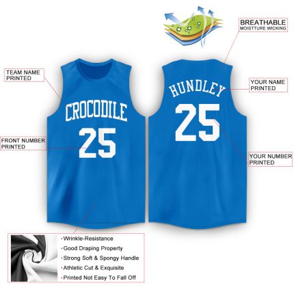 Custom Name and Number Basketball Jersey in Blue and White Round Neck - Personalized Team Apparel Personalized Blue White