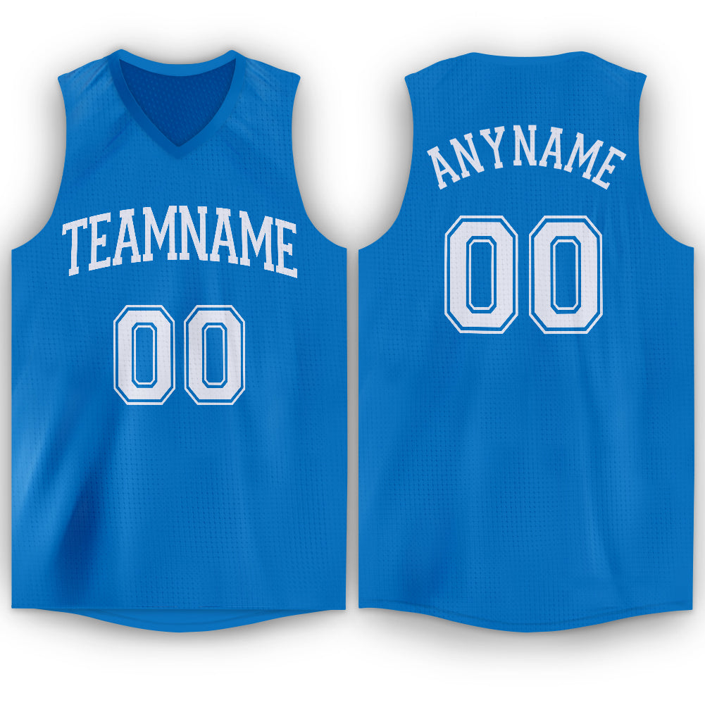 Custom Name and Number Personalized Blue White Basketball Jersey V-Neck - Team Sports Apparel Personalized Blue White V-Neck