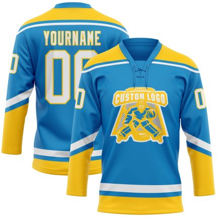 Personalized Blue Yellow White Hockey Jersey with Lace Neck Design Personalized Blue White-Yellow Hockey Lace Neck Jersey