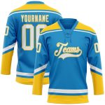 Personalized Blue Yellow White Hockey Jersey with Lace Neck Design Personalized Blue White-Yellow Hockey Lace Neck Jersey