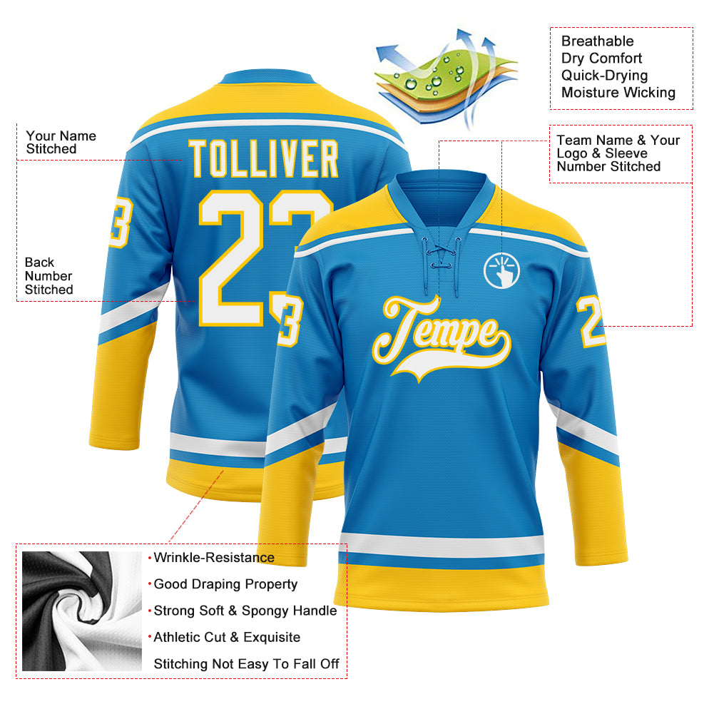 Personalized Blue Yellow White Hockey Jersey with Lace Neck Design Personalized Blue White-Yellow Hockey Lace Neck Jersey - Image 3