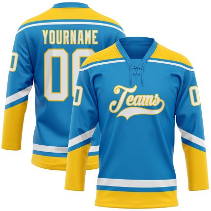 Custom Team Hockey Jersey Personalized with Name and Number - Blue White Yellow Lace Neck Design Personalized Blue White-Yellow
