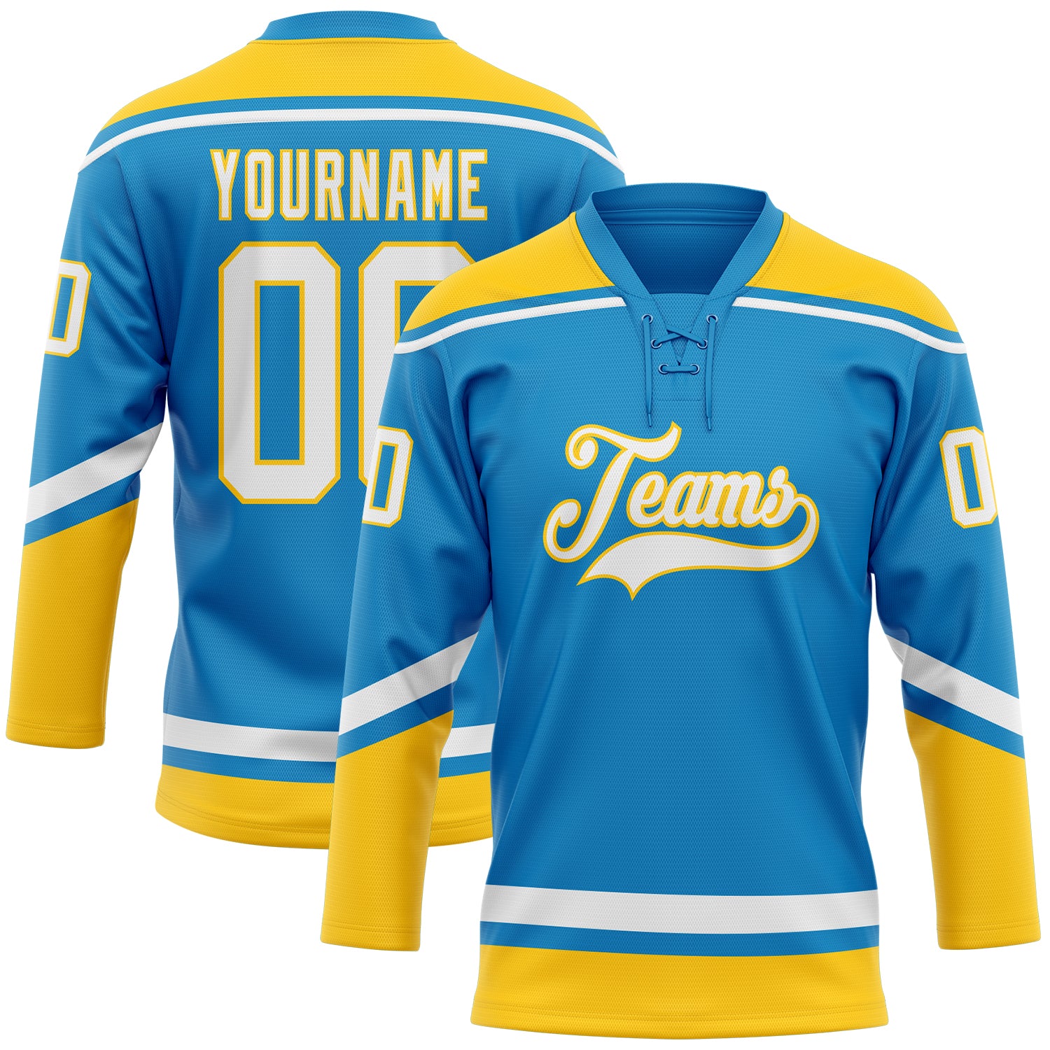Custom Team Hockey Jersey Personalized with Name and Number - Blue White Yellow Lace Neck Design Personalized Blue White-Yellow