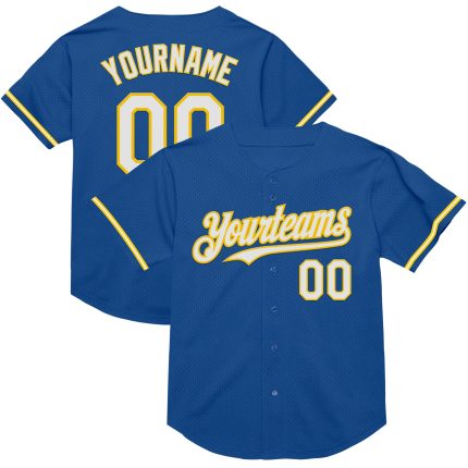Custom Blue White Yellow Throwback Baseball Jersey - Personalized Sports Apparel Personalized Blue White-Yellow Mesh Throwback