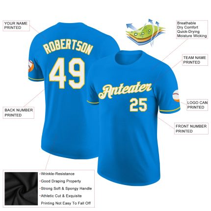 Custom Blue and Yellow Performance T-Shirt - Personalized Active Wear Personalized Blue White-Yellow Performance T-Shirt