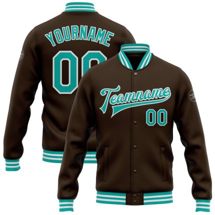 Personalized Varsity Letterman Jacket Brown Aqua-White Bomber Full-Snap Personalized Brown Aqua-White Bomber Full-Snap Varsity