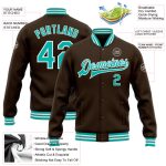 Personalized Varsity Letterman Jacket Brown Aqua-White Bomber Full-Snap Personalized Brown Aqua-White Bomber Full-Snap Varsity