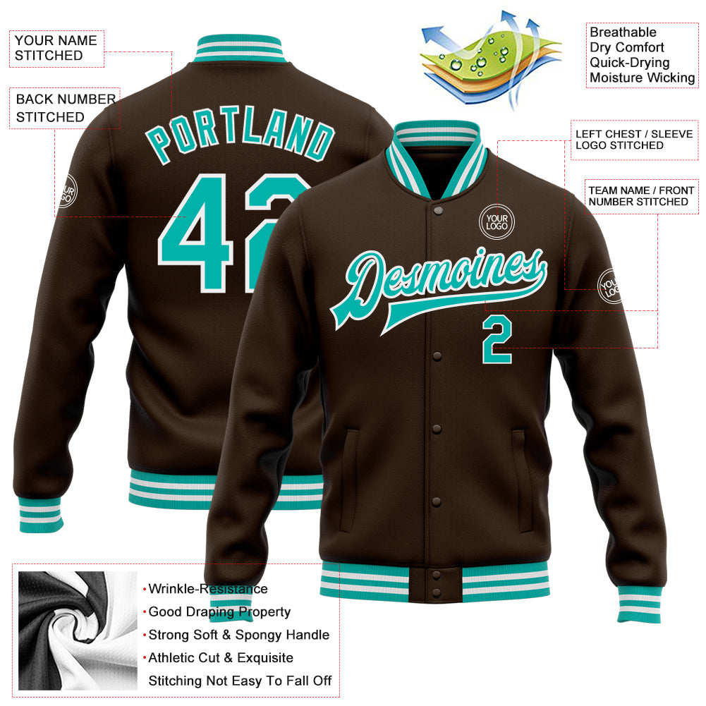 Personalized Varsity Letterman Jacket Brown Aqua-White Bomber Full-Snap Personalized Brown Aqua-White Bomber Full-Snap Varsity - Image 5