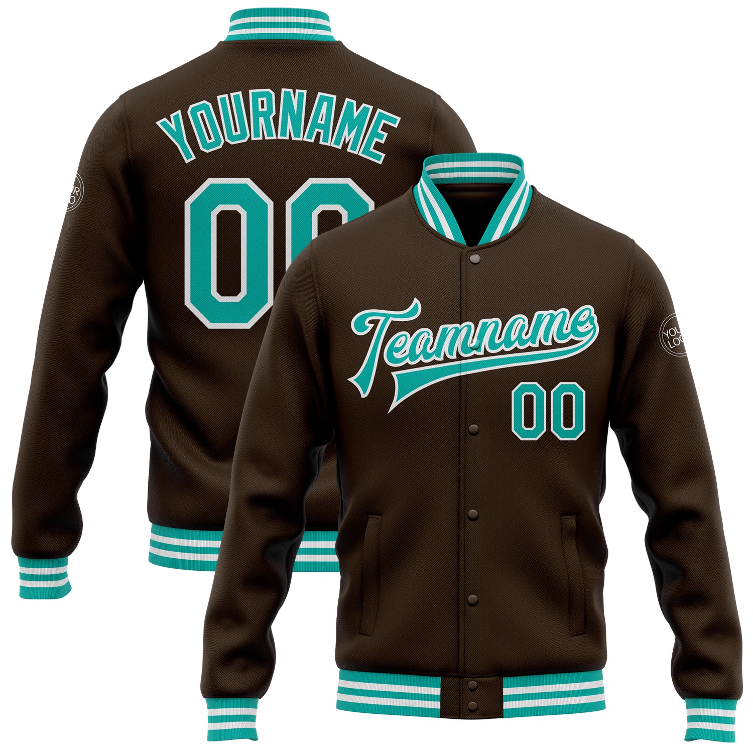 Custom Personalized Varsity Team Bomber Jacket with Name and Number in Brown Aqua-White Full-Snap Design Personalized Brown
