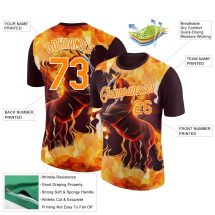 Personalized 3D Horse In Flames Performance T-Shirt - Brown Bay Orange-White Design Personalized Brown Bay Orange-White 3D