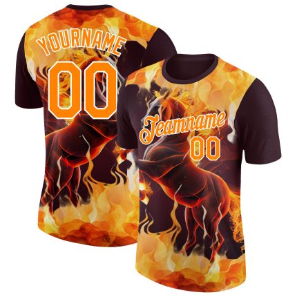 Personalized 3D Horse In Flames Performance T-Shirt - Brown Bay Orange-White Design Personalized Brown Bay Orange-White 3D