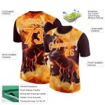 Custom Personalized Horse in Flames Performance T-Shirt - Brown Bay Orange-White 3D Pattern Design with Team Name and Number