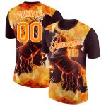 Custom Personalized Horse in Flames Performance T-Shirt - Brown Bay Orange-White 3D Pattern Design with Team Name and Number